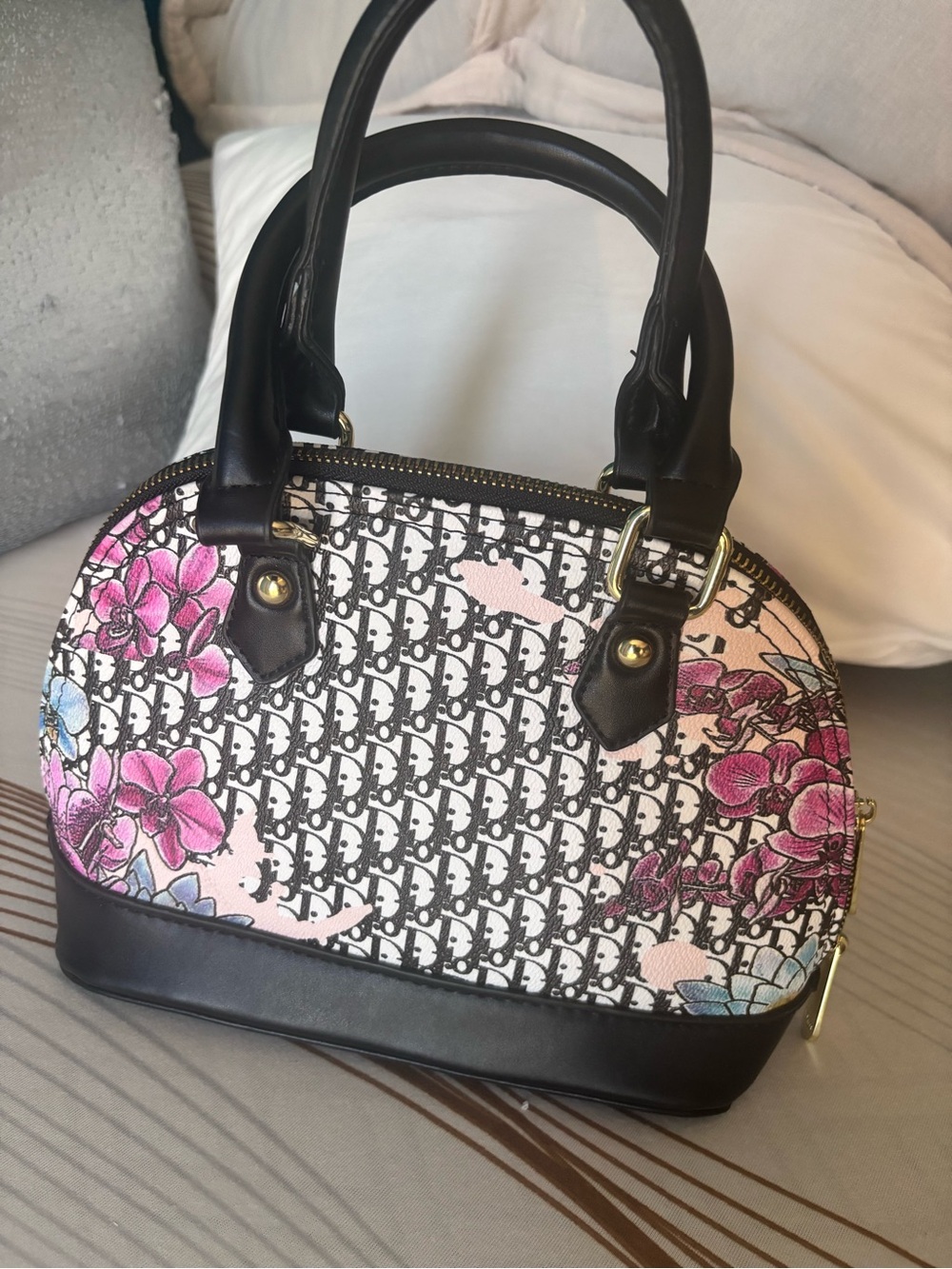 Inspired Dior Black Trim Floral Logo Dome Bag with Pink Accents - Picture 3 of 11